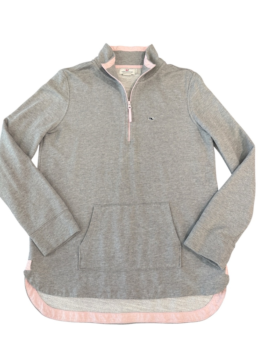 Vineyard Vines Women’s Med Gray Pink 1/4 Zip Pullover Sweatshirt Kangaroo Pocket